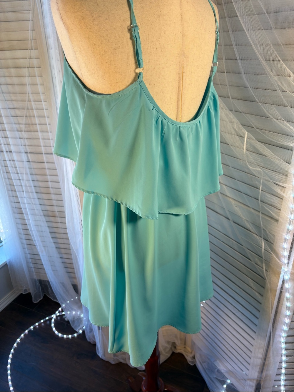 Fun & Flirt Aqua Ruffle-Front Spaghetti Strap Mini - Picture 3 of 5